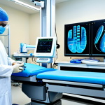 A skilled professional surgeon, fully clothed in modern surgical scrubs and a lab coat, sits at a sleek, futuristic robotic surgery console. The console features multiple glowing holographic screens displaying intricate 3D anatomical models and real-time AI-generated surgical guidance data. The surgeon's gloved hands are positioned on advanced haptic feedback controls, conveying a sense of touch and resistance. Robotic arms are visible in the background, extending from a nearby surgical tower. The operating room is pristine, sterile, and bathed in cool, professional lighting, perfect anatomy, correct proportions, natural pose, well-formed hands, proper finger count, natural body proportions, high-quality image, professional photography, sharp focus, detailed, safe for work, appropriate content, fully clothed, professional.