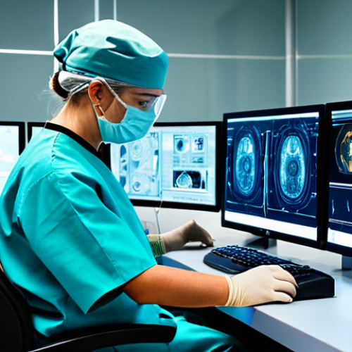 Home 6 A highly skilled surgeon, fully clothed in modest surgical scrubs and a cap, sitting attentively at a futuristic robotic surgery console within a clean, state-of-the-art operating room. The surgeon's hands are precisely positioned on the ergonomic controls. Multiple high-resolution display screens show abstract, glowing medical data and 3D wireframe models, emphasizing advanced technology. The lighting is sterile and ambient. This image represents the intersection of human skill and complex machinery. perfect anatomy, correct proportions, natural pose, well-formed hands, proper finger count, natural body proportions, professional photography, high quality, safe for work, appropriate content, fully clothed, professional dress, professional.