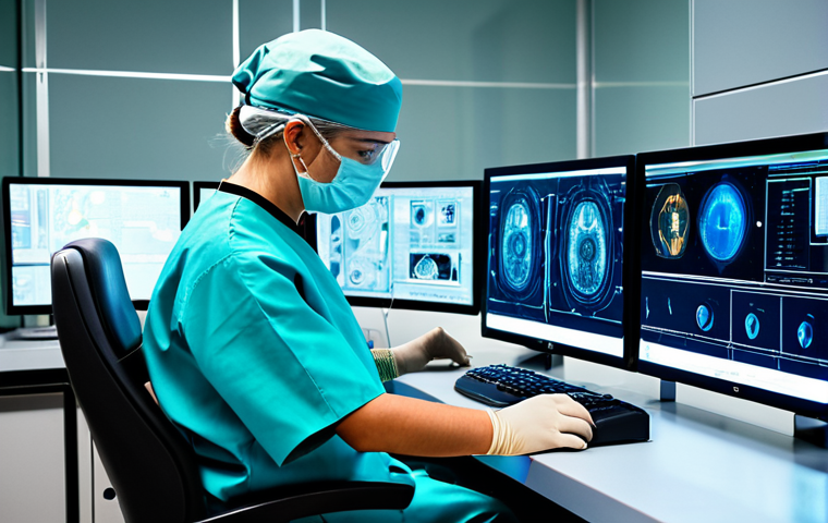 A highly skilled surgeon, fully clothed in modest surgical scrubs and a cap, sitting attentively at a futuristic robotic surgery console within a clean, state-of-the-art operating room. The surgeon's hands are precisely positioned on the ergonomic controls. Multiple high-resolution display screens show abstract, glowing medical data and 3D wireframe models, emphasizing advanced technology. The lighting is sterile and ambient. This image represents the intersection of human skill and complex machinery. perfect anatomy, correct proportions, natural pose, well-formed hands, proper finger count, natural body proportions, professional photography, high quality, safe for work, appropriate content, fully clothed, professional dress, professional.