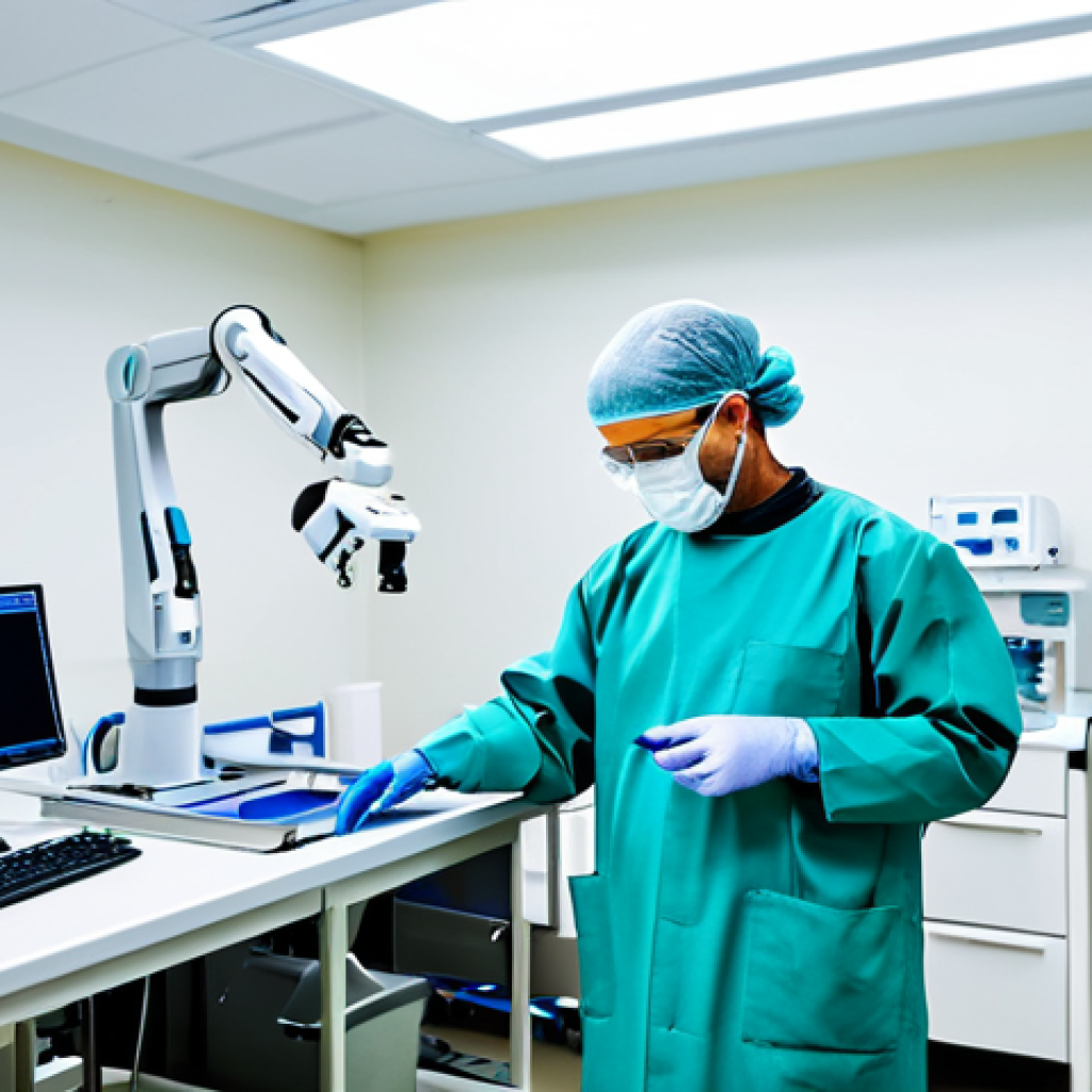 **

"A professional IT technician in a modern hospital operating room, fully clothed in appropriate work attire, performing preventative maintenance on a robotic surgery system. The technician is using diagnostic tools, with a focus on the robotic arm calibration. Background shows sterile environment with medical equipment. Safe for work, appropriate content, professional, perfect anatomy, correct proportions, well-formed hands."

**