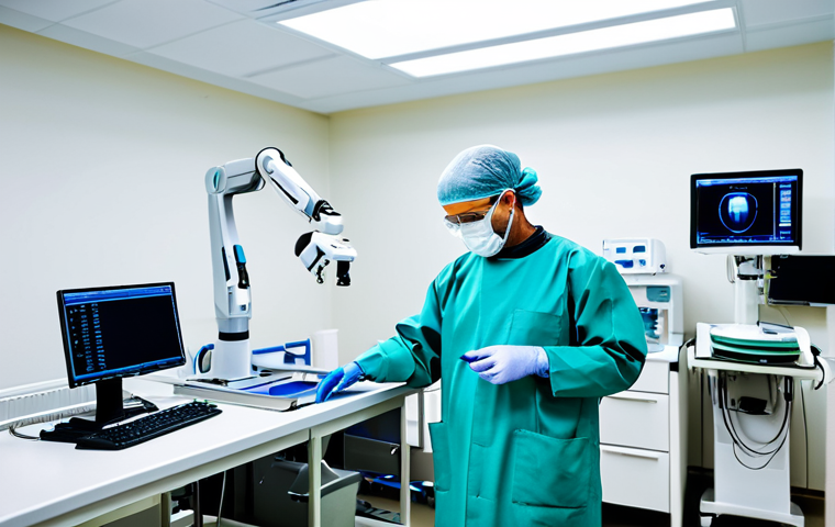 **
"A professional IT technician in a modern hospital operating room, fully clothed in appropriate work attire, performing preventative maintenance on a robotic surgery system. The technician is using diagnostic tools, with a focus on the robotic arm calibration. Background shows sterile environment with medical equipment. Safe for work, appropriate content, professional, perfect anatomy, correct proportions, well-formed hands."
**