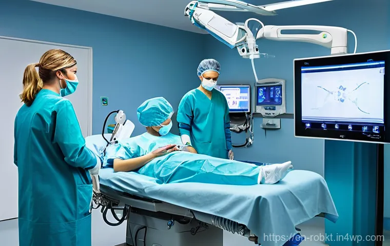 로봇 수술의 글로벌 트렌드 - **Prompt for Mako SmartRobotics     "A clean, brightly lit orthopedic operating room. In the foregro...