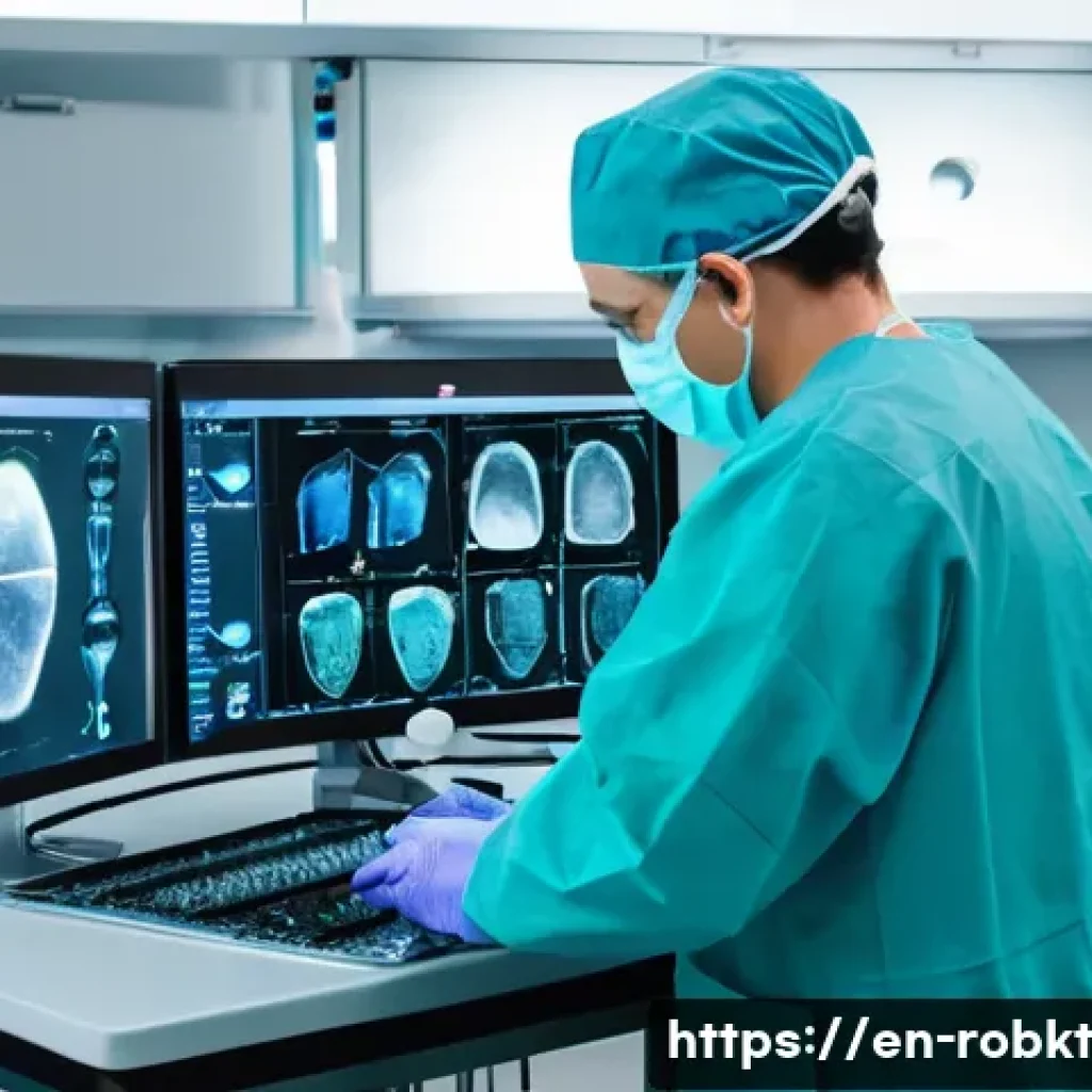로봇 수술 시스템 사용 시 주의사항 - **Prompt:** A highly focused surgeon, dressed in clean, light blue medical scrubs, a surgical cap, a...