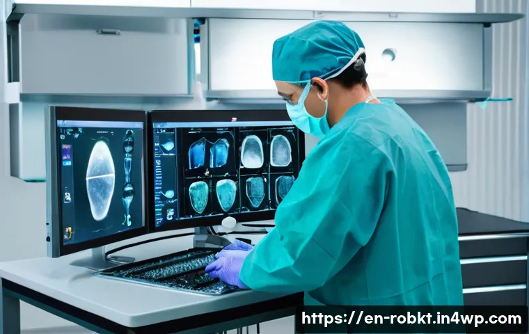 로봇 수술 시스템 사용 시 주의사항 - **Prompt:** A highly focused surgeon, dressed in clean, light blue medical scrubs, a surgical cap, a...