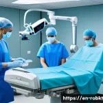 Home 17 로봇 수술 시스템의 사용으로 인한 비용 절감 효과 - A high-tech modern operating room featuring a robotic surgical system actively assisting a team of d...