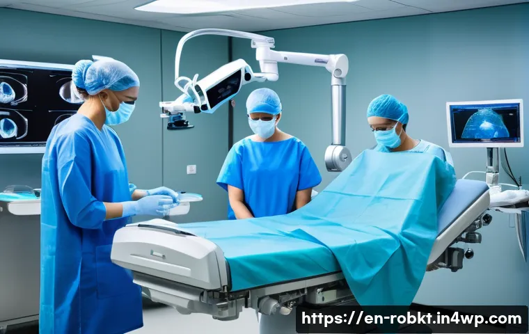 로봇 수술 시스템의 사용으로 인한 비용 절감 효과 - A high-tech modern operating room featuring a robotic surgical system actively assisting a team of d...