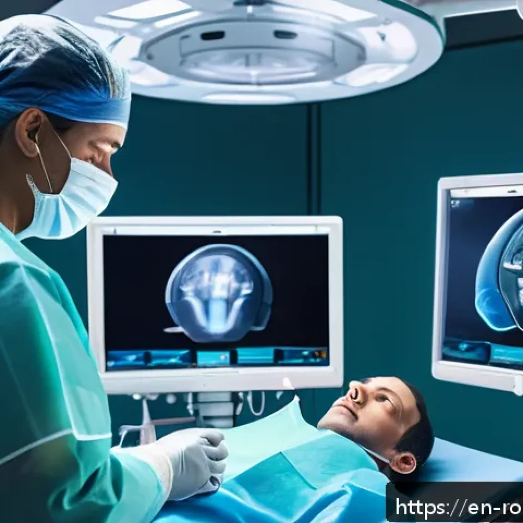 최신 로봇 수술 기술 트렌드 - A futuristic operating room scene showcasing a surgeon using an advanced robotic surgical system wit...