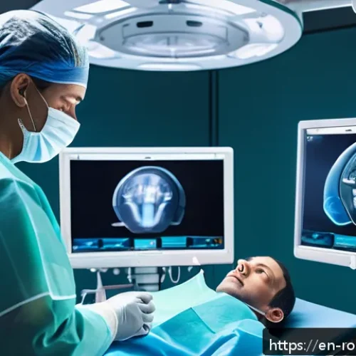 Home 28 최신 로봇 수술 기술 트렌드 - A futuristic operating room scene showcasing a surgeon using an advanced robotic surgical system wit...
