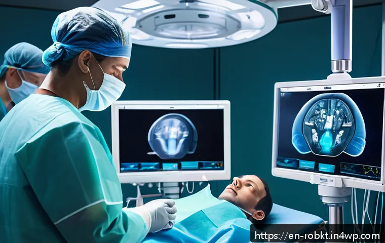 최신 로봇 수술 기술 트렌드 - A futuristic operating room scene showcasing a surgeon using an advanced robotic surgical system wit...