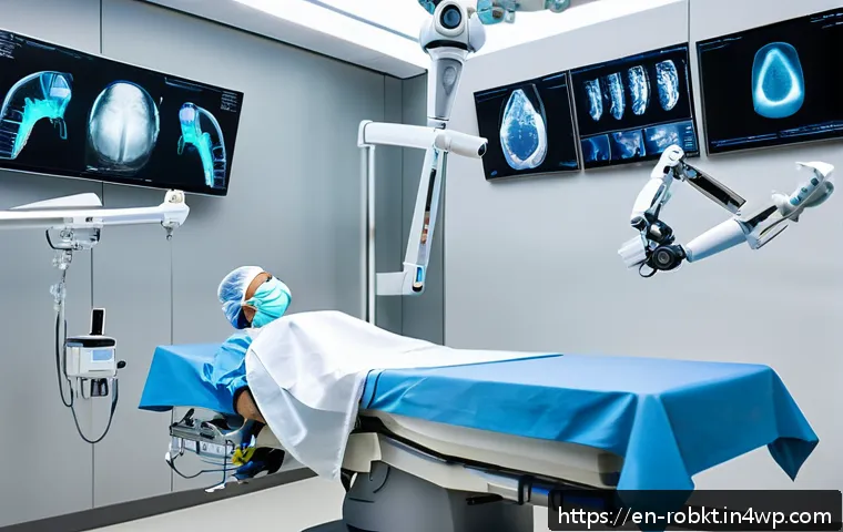 로봇 수술 시스템 비교 성능 및 가격 - A high-tech robotic surgery system in a modern operating room, featuring articulated wristed instrum...