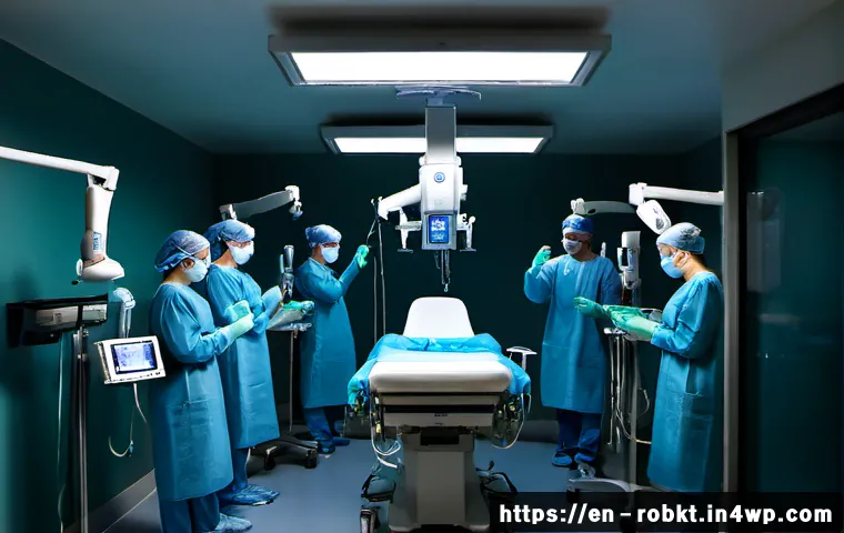 로봇 수술 시스템의 지속 가능한 발전 방안 - Photorealistic operating room featuring a next-generation robotic surgical system designed for susta...