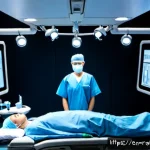 Home 23 로봇 수술 시스템의 미래 방향성 - Photorealistic futuristic operating theater in a leading American teaching hospital, advanced roboti...