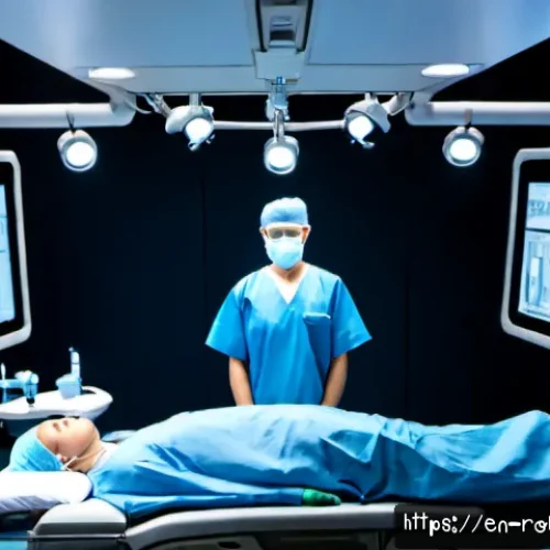 Home 17 로봇 수술 시스템의 미래 방향성 - Photorealistic futuristic operating theater in a leading American teaching hospital, advanced roboti...