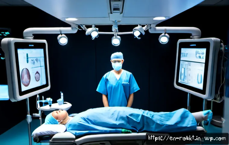 로봇 수술 시스템의 미래 방향성 - Photorealistic futuristic operating theater in a leading American teaching hospital, advanced roboti...