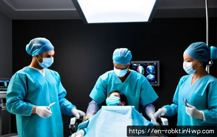Home 17 로봇 수술 시스템의 기술적 장단점 분석 - Photorealistic modern operating room, a sleek robotic surgical system with multiple articulated arms...