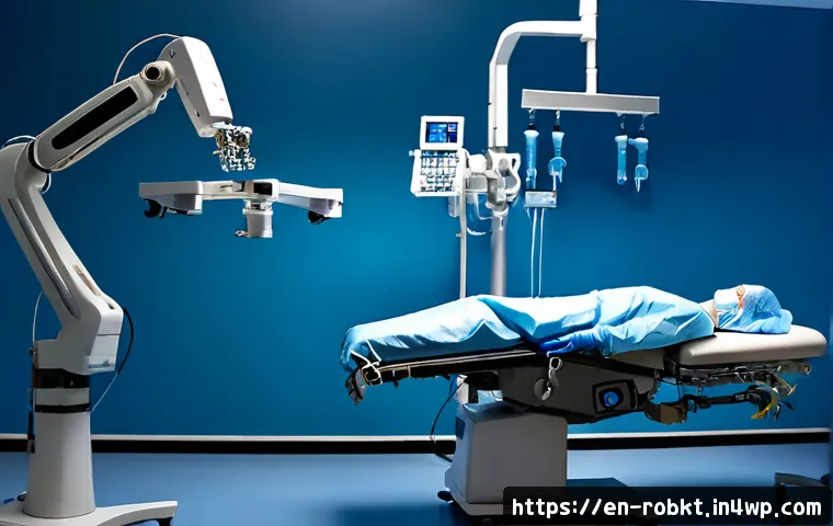 Home 17 로봇 수술 시스템의 수술 정확도 향상 - Photorealistic modern operating room, advanced robotic surgical system with multiple articulated ins...